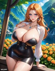 ai_generated bleach blue_eyes dress fbps35 large_breasts long_hair matsumoto_rangiku narrow_waist orange_hair thick_thighs wide_hips