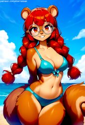 ai_generated bikini brown_fur cute cute_face eternal_oak furry furry_female glasses mabel_maplebottom red_eyes red_hair squirrel thick_glasses twin_braids