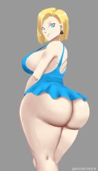 1girl 1girls android android_18 android_girl artist_name ass ass_focus back back_view big_breasts blonde_hair blue_dress blue_eyes breasts cheating cheating_female cheating_wife cyborg cyborg_girl dragon_ball dragon_ball_super dragon_ball_z earrings eyelashes fat_ass fat_ass_cheeks fat_ass_mommy female female_focus female_only huge_ass huge_boobs huge_breasts huge_butt large_ass large_boobs large_breasts large_butt light-skinned_female light_skin milf mixedblonde18 mother qos queen_of_spades sideboob smile spade spade_earring spade_earrings text thick thick_ass thick_legs thick_thighs turned_around turned_head turning_around turning_head wife