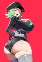 ai_generated ameanon big_ass big_breasts green_eyes green_hair hat pokemon rainbow_rocket_grunt short_shorts team_rocket thick_thighs