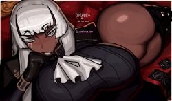 1girls 2024 2d 2d_(artwork) ass atlus big_ass big_butt brigitta_lycaon butt condom dark-skinned_female dark_skin dolecat english_commentary english_text female female_only lying metaphor:_refantazio solo solo_female talking_to_viewer text thick_thighs thighhighs thighs white_hair