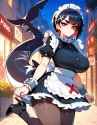 1girls ai_generated annoyed_expression big_ass big_breasts ellen_joe half-closed_eyes hands_on_hips maid maid_apron maid_headdress maid_outfit maid_uniform pantyhose posing shark_tail xandr zenless_zone_zero