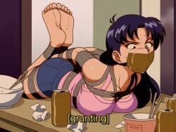 1girls 2024 2d 2d_(artwork) ass ball_gag bondage bound bound_and_gagged breasts female female_focus female_only fully_clothed gag gagged hogtie huge_breasts human jam-orbital large_breasts light-skinned_female light_skin misato_katsuragi neon_genesis_evangelion purple_hair rope rope_between_breasts rope_bondage solo submissive submissive_female text thick_thighs thighs