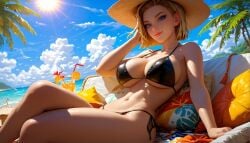 ai_generated android_18 beach big_breasts bikini black_bikini blonde_hair dragon_ball_z euskyart hat lounging thong_bikini