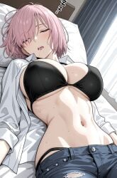 ai_generated big_boobs big_breasts big_tits black_bikini_top black_bra black_panties black_thong bra breasts closed_eyes clothed clothed_female drool drooling exposed_midriff fate/grand_order female jeans low_rise low_rise_jeans mash_kyrielight matching_underwear navel open_blouse open_mouth open_shirt panties pink_hair ripped_jeans ripped_pants short_hair sleeping white_blouse white_shirt