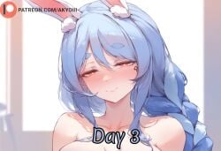 1girls ai_generated akyoi animal_ears bedroom big_breast blue_hair blush braid braided_ponytail breast bunny_ears female hololive light-skinned_female light_skin long_hair looking_at_viewer pantyhose patreon pekomama red_eyes smile solo solo_female thighs white_hair