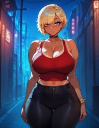 1girls agatha_(xandr) ai_generated artstyle_imitation ass big_ass big_breasts black_pants blonde_female blonde_hair blue_eyes bob_cut choker earrings emotionless eyelashes eyeshadow gyaru hair_covering_eye hair_over_one_eye huge_ass huge_breasts makeup prostitute prostitution red_tank_top seductive short_hair slut tank_top tanned tanned_female tanned_skin thiccwithaq_(ai_style) thick thick_ass thick_legs thick_lips thick_thighs tight_pants voluptuous voluptuous_female whore xandr young younger_female