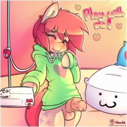 ! 2018 :3 anthro balls bed biped black_eyebrows blue_eyes blush bottomless butterscotch_(hoodie) clothed clothing cutie_mark digital_media_(artwork) english_text equine eyebrows eyelashes fan_character front_view fur girly green_clothing green_topwear hair heart hi_res hoodie hoodie_(artist) hooves horse key leash letter lock looking_at_viewer male mammal my_little_pony one_eye_closed penis pillow pink_hair pink_penis pink_tail pony signature smile solo standing sweater tan_balls tan_fur text trap url wink