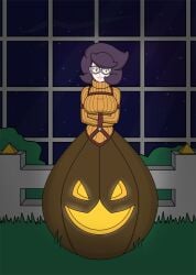 bondage bound female female_only femsub fully_clothed glasses gourgeist halloween minimedjed pokemon pokemon_sm story story_at_source story_in_description straitjacket wicke_(pokemon)