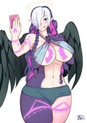 1girls abs alien android angel angel_wings big_breasts blue_eyes blue_hair braids breast_tattoo dark_skin eonbound female_only goddess goth hair_over_eye hair_over_one_eye halo multicolored_hair multicolored_skin nocturna pale_skin phessian phone pink_hair pointy_ears robot robot_girl ryu2 selfie shirt_lift tattoo tattoos tentacle text thick_thighs two_tone_skin watermark white_hair wide_hips wings