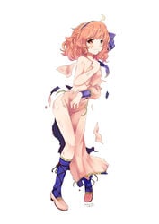 bare_arms bare_legs bare_shoulders blackmachoo blush breasts bruise bruises clothing clothing_damage color covering crying embarrassed enf female female_only fire_emblem fire_emblem_echoes:_shadows_of_valentia fire_emblem_gaiden fluffy_hair frown genny_(fire_emblem) headband human lost_clothes pink_hair red_eyes short_hair simple_background small_breasts solo tears thighs torn_clothes white_background