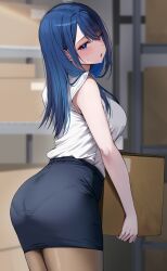 1girls absurd_res ass big_breasts black_skirt blue_eyes blue_hair blurry blurry_background box breasts hi_res indoors long_hair looking_at_viewer office_lady ol-chan_(udon) open_mouth original pantyhose pantylines pencil_skirt pleated_skirt shirt shirt_tucked_in skirt solo udon_(udonalium) warehouse white_shirt