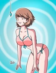 alerith atlus bare_legs bent_over bikini brown_eyes brown_hair cleavage collarbone crystal drool earrings female_only femsub happy_trance leaning_forward open_mouth persona persona_(series) persona_3 short_hair signature simple_background smile solo spiral_background spiral_eyes standing symbol_in_eyes yukari_takeba