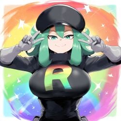 ai_generated ameanon big_breasts green_eyes green_hair hat pokemon rainbow_rocket_grunt team_rocket