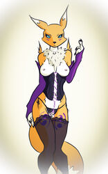 3_fingers anthro black_nails black_sclera blue_eyes breasts chest_tuft clothing colored_nails corset couldnotparseline crotchless digimon dipstick_ears female female_only fishnet fur furry lingerie medium_breasts portrait pussy renamon solo thighhighs three-quarter_portrait tuft yellow_fur