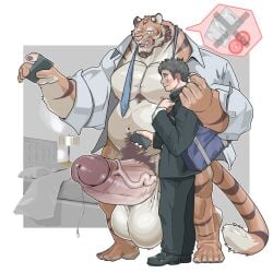 abs absurd_res anthro balls beard big_balls big_dom_small_sub big_muscles big_pecs big_penis black_hair blush body_hair brown_hair chan_kiti_chan chest_hair dominant dominant_anthro dominant_male duo erection facial_hair felid fur genitals hair hi_res holding_partner huge_balls huge_cock huge_muscles human human_on_anthro hyper hyper_balls hyper_genitalia hyper_penis imminent_sex interspecies larger_anthro larger_male licking licking_lips looking_pleasured male male/male mammal mostly_nude multicolored_body multicolored_fur musclegut muscular muscular_anthro muscular_male navel nipples orange_body orange_fur pantherine pecs penis pubes size_difference smaller_human smaller_male submissive submissive_human submissive_male tiger tongue white_body white_fur