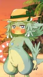 beach blurry blurry_background blush_stickers body_fur bow breasts closed_mouth completely_nude core_crystal_(xenoblade) female finch_(xenoblade) green_bow green_eyes green_hair gyoen_(gyogyogyoen) hat holding holding_swim_ring looking_at_viewer nipples nude orange_sky public_indecency public_nudity pussy sand sky small_breasts solo sun_hat sunset swim_ring xenoblade_chronicles_(series) xenoblade_chronicles_2