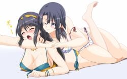 2girls ^_^ asphyxiation bare_shoulders bikini black_hair blush breasts catfight cleavage closed_eyes collarbone flower grey_eyes hair_flower hair_ornament hairband heavy_breathing hoshizora_kogane jewelry kinna_chizuru large_breasts long_hair multiple_girls necklace nose_blush oerba_yun_fang one_eye_closed open_mouth ring_dream side-tie_bikini_bottom strangling submission_hold swimsuit tsuruhisashi white_background wrestling