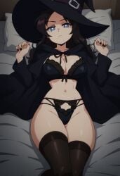 ai_generated big_breasts black_fingernails black_lingerie blue_eyes bluethebone_style bored_expression civitai class_of_'09 cloak garter_straps hair_down laying_down laying_on_bed lingerie nicole_(class_of_'09) witch_costume witch_hat