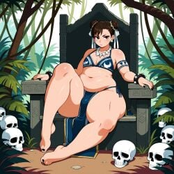 1boy ai_generated black_nails bone_necklace bra brown_hair chun-li earrings fat_belly femboy girly huge_butt huge_hips jungle loincloth male necklace plump scorpyfemboy sexy.ai skull solo street_fighter thick_thighs throne tribal tribal_clothing tribal_jewelry tribal_tattoo wide_hips wristband