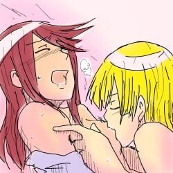 2girls blonde_female blonde_hair blonde_hair_female blush breast_grab breast_holding breast_sucking breasts closed_eyes clothing drool drooling ear elesa_(pokemon) elesa_(pokemon_bw) eyebrows eyebrows_visible_through_hair female female_focus female_only fingers functionally_nude game_freak gym_leader hair hair_tie hand_on_breast human lesbian_couple naked naked_female nintendo nude nude_female open_clothes open_jacket open_mouth pale_skin pink_background pleasure_face pleasured pokemon pokemon_bw red_hair red_hair_female short_hair short_hair_female short_hair_with_long_locks skyla_(pokemon) sweat tan_skin tan_skinned_female tongue yellow_hair yuri