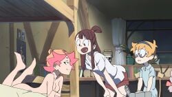 3girls akko_kagari amanda_o'neill edit female female_only green_eyes little_witch_academia lotte_yansson lying nude orange_hair screenshot screenshot_edit