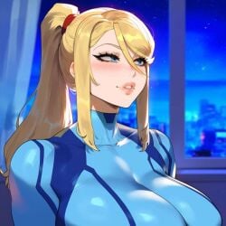 ai_generated big_breasts bimbo blonde_hair blue_eyes breasts creamy_ai eyelashes female female_focus female_only full_body metroid nintendo samus_aran tagme tight_clothing