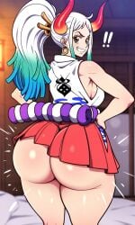 ai_generated bubble_ass bubble_butt curvy horns huge_ass japanese_clothes one_piece pixelsin ponytail red_clothing skirt white_hair white_shirt yamato_(one_piece)