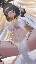 1boy ancient_egyptian_clothes animal_ears bitter_(38399521) black_hair blush breasts commentary_request condom condom_in_mouth cowgirl_position dark-skinned_female dark_skin female girls'_frontline_neural_cloud grin highres imhotep_(neural_cloud) large_breasts looking_at_viewer medium_hair mouth_hold multicolored_hair navel orange_hair penis pov pussy_juice see-through_clothes see-through_pelvic_curtain sex sidelocks smile solo_focus straddling straight used_condom v yellow_nails