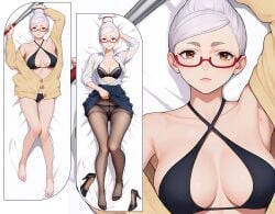 ayase_seiko black_bra breasts brown_eyes dakimakura dandadan female grey_hair shirt solo sweater underwear