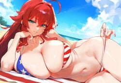 1girls ai_generated american_flag_bikini beach big_ass big_breasts bikini blue_eyes bons_ai curvy_figure high_school_dxd light-skinned_female red_hair rias_gremory seductive_look