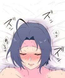 ahoge bed_sheet blue_hair blush closed_eyes collarbone commentary female idolmaster idolmaster_(classic) lying miura_azusa motion_lines nude on_back on_bed parted_lips sex short_hair solo_focus sweat symbol-only_commentary yokkora