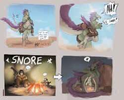 absurd_res anthro between_legs capcom dialogue ellipsis english_text felid felyne female fire genitals hi_res human larger_female lynian macro male mammal monster_hunter palico pussy satchel seikret size_difference sleeping smaller_male speech_bubble stepped_on text thesociallyawkwardpinguin