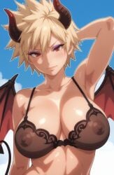 ai_generated blonde_hair bra horns large_breasts lingerie mitsuki_bakugou my_hero_academia red_eyes succubus tail translucent_clothing wings