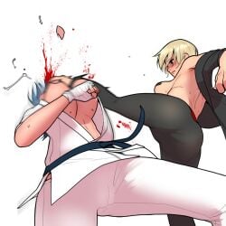 2girls attack big_breasts blonde_hair blood blue_hair breasts catfight female female_focus female_only fighting_ring highres himoneko hitting karate_gi kick kicking kicking_face large_breasts multiple_girls original pasties ryona