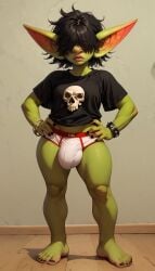 ai_generated barefoot black_hair black_nail_polish black_nails briefs bulge emo futanari goblin goblin_futanari goblinenthusiast green_skin hair_over_eyes indoors male_underwear pointy_ears punk self_upload solo standing underwear