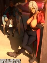 1boy 1boy1girl 1girls boobs_out crossed_arms crossed_legs dante_(devil_may_cry) devil_may_cry_(series) devil_may_cry_3 devil_may_cry_5 femscout glass_of_milk gloves gray_hair gray_hair_female leaning_on_elbow lipstick milk_bottle plastic_chair red_clothing red_lipstick rule_63 scout_(team_fortress_2) sitting_on_chair sitting_with_milk smiling_female sword tagme_(artist) team_fortress_2 vergil_(devil_may_cry) vergil_chair white_chair