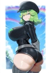 ai_generated ameanon big_ass big_breasts green_eyes green_hair hat pokemon rainbow_rocket_grunt short_shorts team_rocket thick_thighs