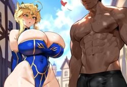 1boy 1girls ai_generated artoria_pendragon artoria_pendragon_(lancer) big_breasts blonde_hair blue_legwear breasts dark-skinned_male fate/grand_order fate_(series) female female_focus female_only grabbing_own_breast green_eyes huge_breasts large_breasts mature_female milf queen