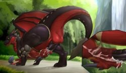 2019 ambiguous_gender anthro anthro_on_feral anthro_penetrated anus balls belly_riding black_penis bodily_fluids bound cirez claws closed_eyes cum cum_in_mouth cum_inside cutaway dragon drinking drinking_cum duo ejaculation ember-dragoness erection european_mythology fellatio feral feral_penetrating feral_penetrating_anthro genital_fluids genitals grass green_eyes horn internal irrumatio male multicolored_body mythological_creature mythological_scalie mythology oral oral_penetration pawpads penetration penile penis penis_in_mouth plant raised_leg red_body scalie servicing_from_below sex size_difference size_play sucking tail throat_swabbing tree two_tone_body western_dragon wing_claws wings zoophilia