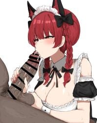 1boy absurdres animal_ears apron bar_censor bare_shoulders blush braid breasts cat_ears censored cleavage detached_collar detached_sleeves erection fellatio female frilled_apron frills handjob highres kaenbyou_rin kumiyabe large_breasts maid maid_headdress neck_ribbon oral red_eyes red_hair ribbon sitting sweat touhou twin_braids