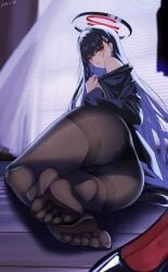 absurdres ass black_hair black_pantyhose black_shirt blue_archive breasts curtains dated feet female foot_focus frost.37 full_body halo high_heels highres large_breasts legs long_hair long_sleeves looking_at_viewer millennium_science_school_student no_shoes pantyhose red_eyes rio_(blue_archive) seminar_(blue_archive) shirt shoes soles solo toes unworn_shoes very_long_hair