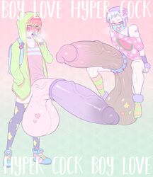 2boys abstract_background androgynous arm_gloves backpack balls balls_past_knees ballsack bandage bead_bracelet black_choker blue_eyes blue_nails blush bottomless bracelet bright_colors brown_balls club_shaped_penis cock_ring condom condom_on_penis dangling_testicles dark_penis english_text exposed_penis eyebrows_visible_through_hair eyes_visible_through_hair facial_tattoo femboy foreskin full-face_blush girly gradient_hair green_pupils hairbow heart-shaped_pupils heart_tattoo hoodie human hyper hyper_balls hyper_cock_femboy hyper_penis intact large_penis_veins lollipop looking_at_viewer low_hanging_balls male male_only mars_symbol mascara no_pants nose_piercing octoboy open_jacket pattern_clothing penis_out pink_nails pink_pupils retracted_foreskin scrotum semi-erect sitting skimpy small_but_hung sneakers sneakers_without_bottomwear steamy_breath striped_legwear striped_socks sweat sweaty_balls tank_top tattoos testicles thick_penis thighhighs two_tone_background uncut veil veiny_penis watermelon wristband yellow_eyes