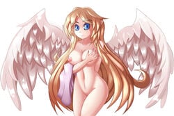 angel angel_wings blonde_hair blue_eyes breasts cleavage ecstasy feathers female goddess hand_on_own_chest ilias large_breasts long_hair looking_at_viewer mon-musu_quest! monster_girl_quest nipples nude pussy simple_background smile solo wings