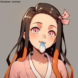 1girls 2d ai_generated anime condom condom_in_mouth cute cute_face demon_slayer hoeyuga jorenran looking_at_viewer nezuko_kamado solo teenager young younger_female