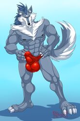 2017 4_toes 5_fingers abs anthro balls biceps black_nose blue_background blue_hair blue_skin bulge canine clothed clothing erection fur grin hair hand_on_hip hungothenomster looking_at_viewer male male_only mammal muscular muscular_male neck_tuft nipples penis_outline plantigrade pose red_eyes sharp_teeth shining_(series) shining_tears simple_background smile solo standing teeth tight_underwear toes topless tuft underwear video_games volg white_fur white_hair wolf