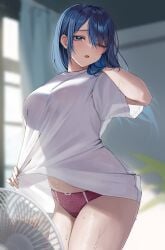 1girls ;o absurd_res big_breasts blue_hair blurry blurry_background blush breasts cowboy_shot curtains electric_fan floral_print hi_res indoors kouhai-chan_(udon) long_hair looking_at_viewer one_eye_closed open_mouth original panties purple_panties shirt short_sleeves solo sweat thighs udon_(udonalium) underwear white_shirt