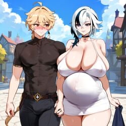 1boy 1girls aether_(genshin_impact) ai_generated arlecchino_(genshin_impact) big_breasts fat_ass holding_hands horny_female long_hair mihoyo pregnant safe smiling straight thick_thighs