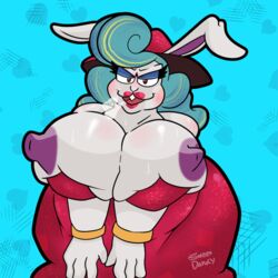 bedroom_eyes big_breasts breasts broodals female half-closed_eyes lagomorph lipstick madame_broode makeup mammal mario_(series) mature_female nintendo overweight panting pointy_nipples rabbit seductive super_mario_odyssey sweat sweetdandy video_games