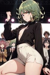 1girls ai_generated blush clothed curly_hair green_eyes green_hair one-punch_man open_shirt public shorts sideboob small_breasts tatsumaki thick_thighs